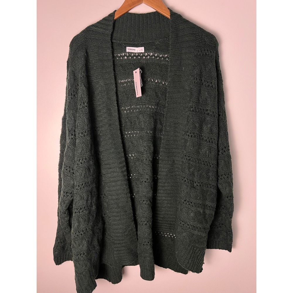 Sonoma Supersoft Cardigan Wm XXL Green Open Front Cable Knit Pointelle Sweater